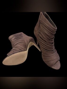 BCBGeneration “Elle” Taupe Ruched Strappy Peep-Toe Stiletto Booties - Like New